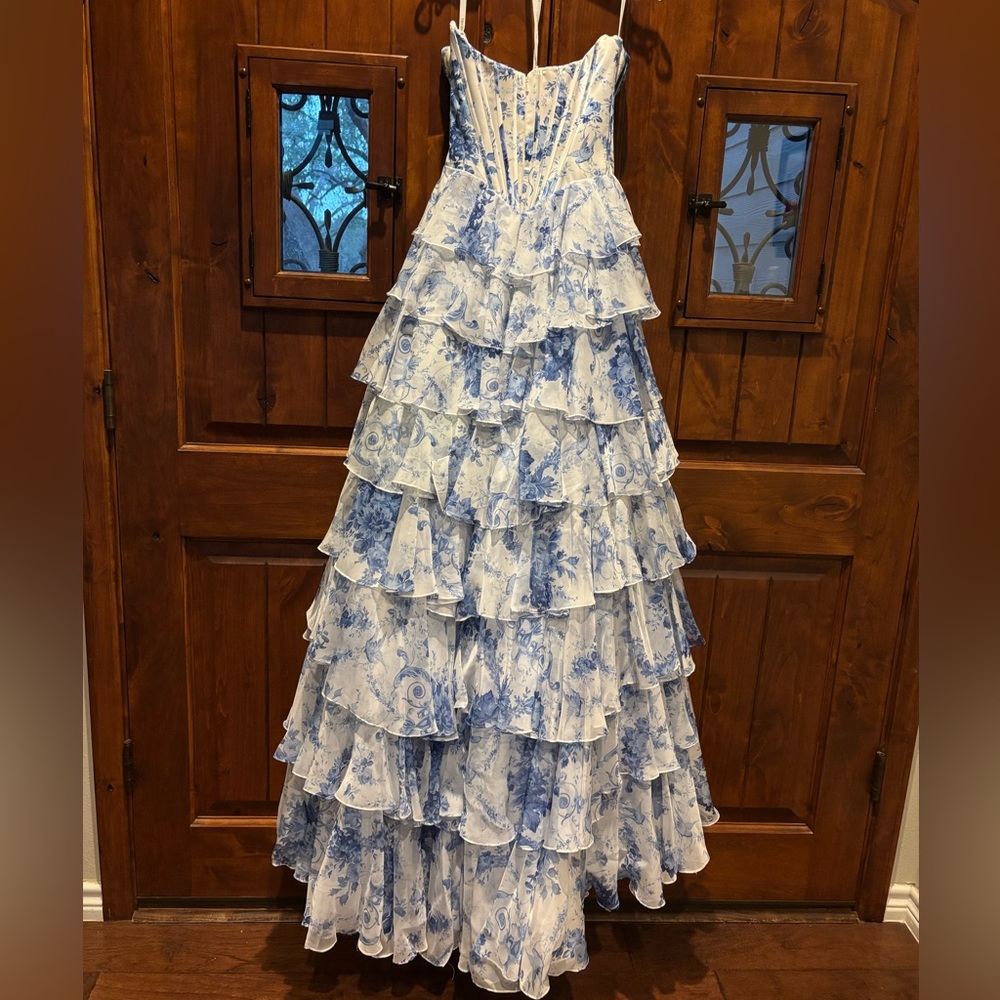 Sherri Hill Strapless Blue Floral Gown - Picture 6 of 16